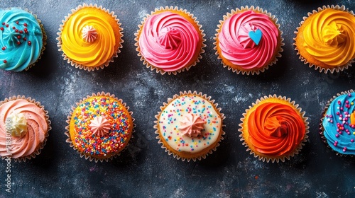 A colorful array of cupcakes with icing and sprinkles, space for branding or text