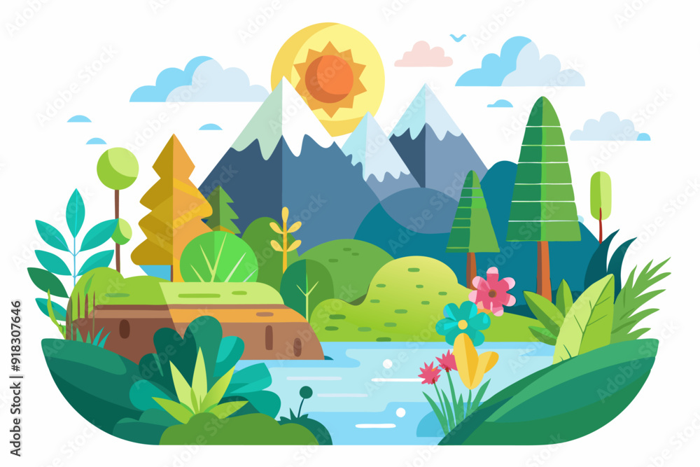 Naklejka premium Sunny Day Landscape with Mountains, River, and Lush Vegetation