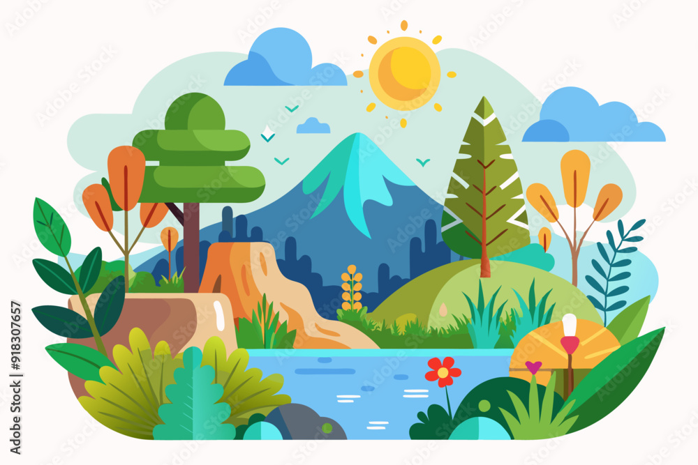Obraz premium Sunny Day Landscape with Mountain, Lake, and Lush Greenery