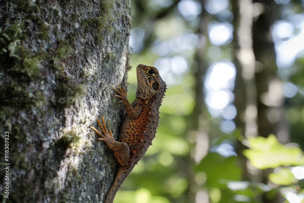 Lizard camouflaged on a tree trunk.