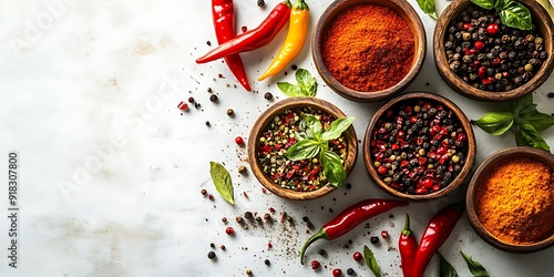 Red Chili Peppers and Spices in Wooden Bowls on a White Background - Food Photography