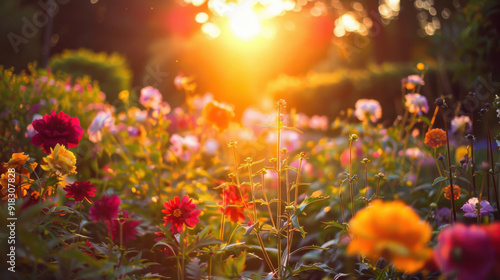 A stunning flower garden at sunset, with flowers glowing in the golden hour light