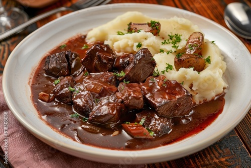 Juicy beef stew with mushrooms and mashed potatoes on plate