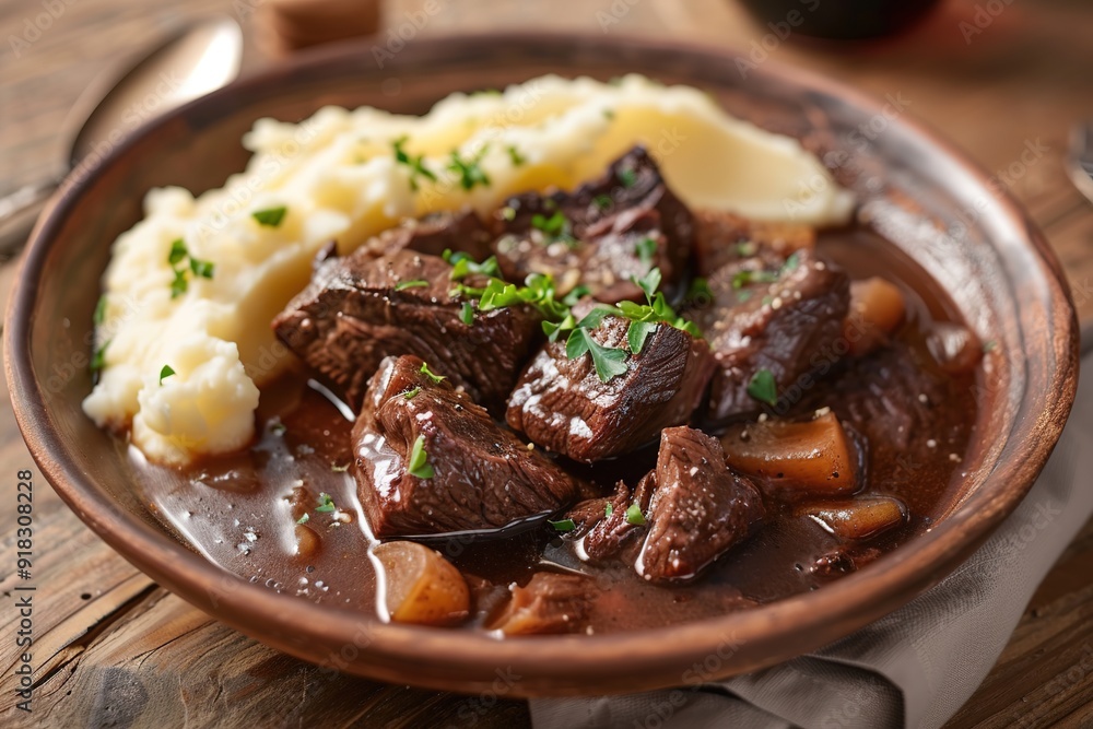 Savory beef stew with carrots and mashed potatoes on wooden tabl Savory beef stew with carrots and mashed potatoes on wooden tabl
