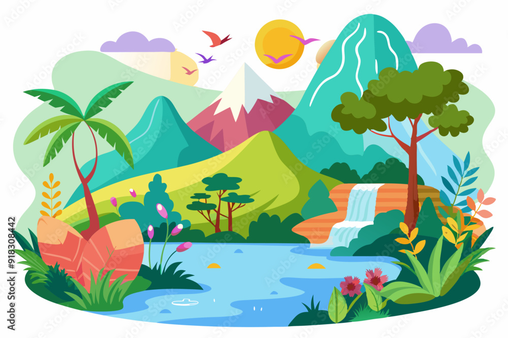 Obraz premium Lush Tropical Landscape with Waterfall and Palm Trees