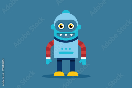 Cartoon Blue Robot with Red Striped Arms and Yellow Shoes