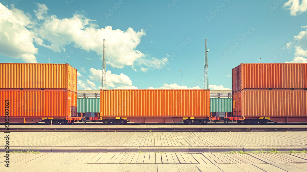 Mint and orange cargo containers rest on a train platform, basking in the warm sunlight beneath a beautiful blue sky with clouds Mint and orange cargo containers rest on a train platform, basking in the warm sunlight beneath a beautiful blue sky with clouds