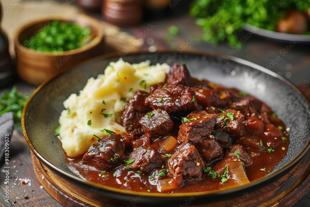 Fototapeta premium Beef stew with mashed potatoes, garnished with herbs