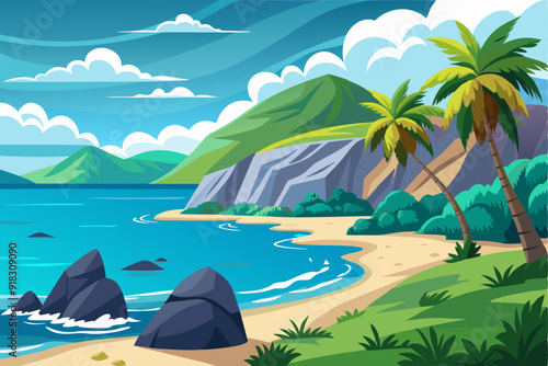 Tropical Beach with Palm Trees and Rocky Coastline
