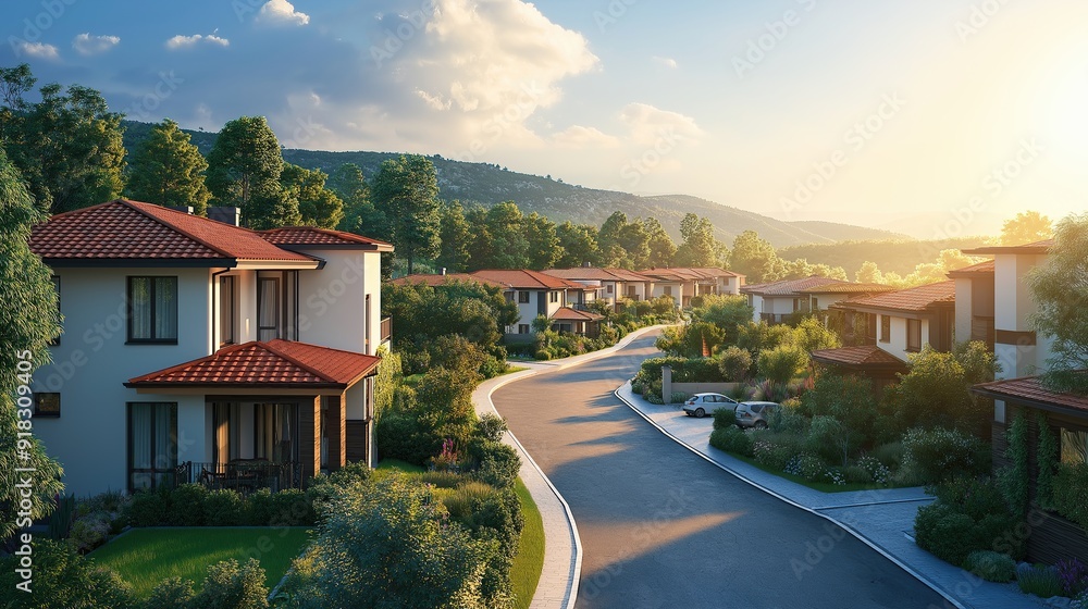New compound landscape view, real estate agency advertising for houses for sell or rent, aerial top view New compound landscape view, real estate agency advertising for houses for sell or rent, aerial top view