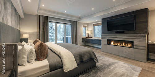 Luxurious bedroom with a built-in fireplace at the foot of the bed,. photo