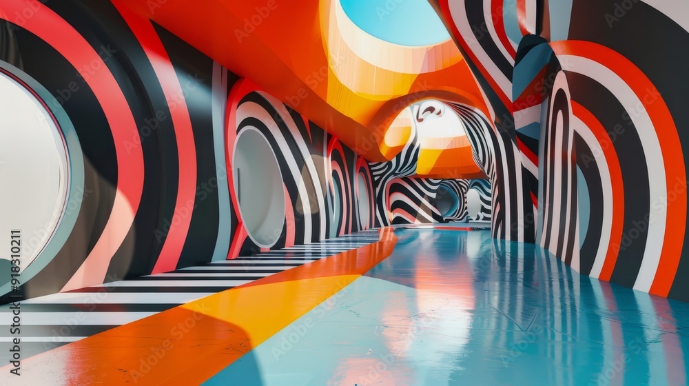 Obraz premium Vibrant abstract hallway with colorful geometric patterns and reflective surface