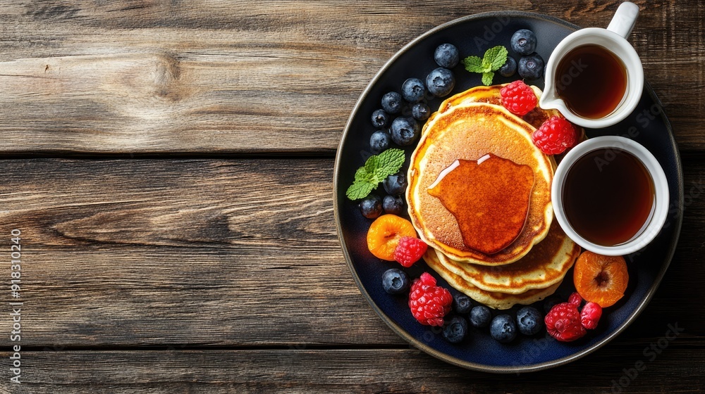 A flat lay of a hearty breakfast with pancakes and syrup, with room for copy A flat lay of a hearty breakfast with pancakes and syrup, with room for copy