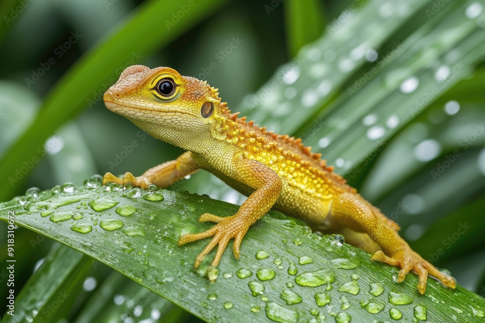 Fototapeta premium Lizard on a dew-covered leaf.