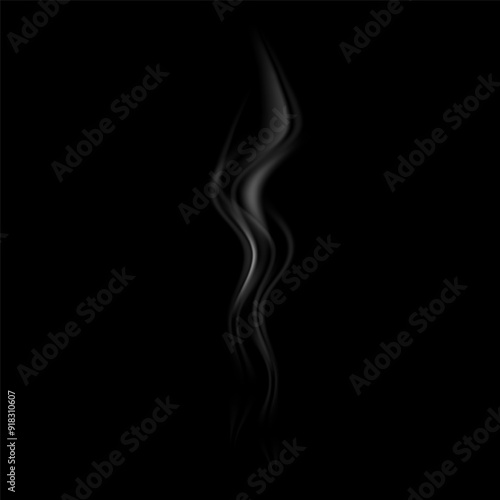 Simple smoke, hot smoke, coffee cup, food steam or vapor clouds, realistic smoke, hot dish or mug haze design elements on black background.