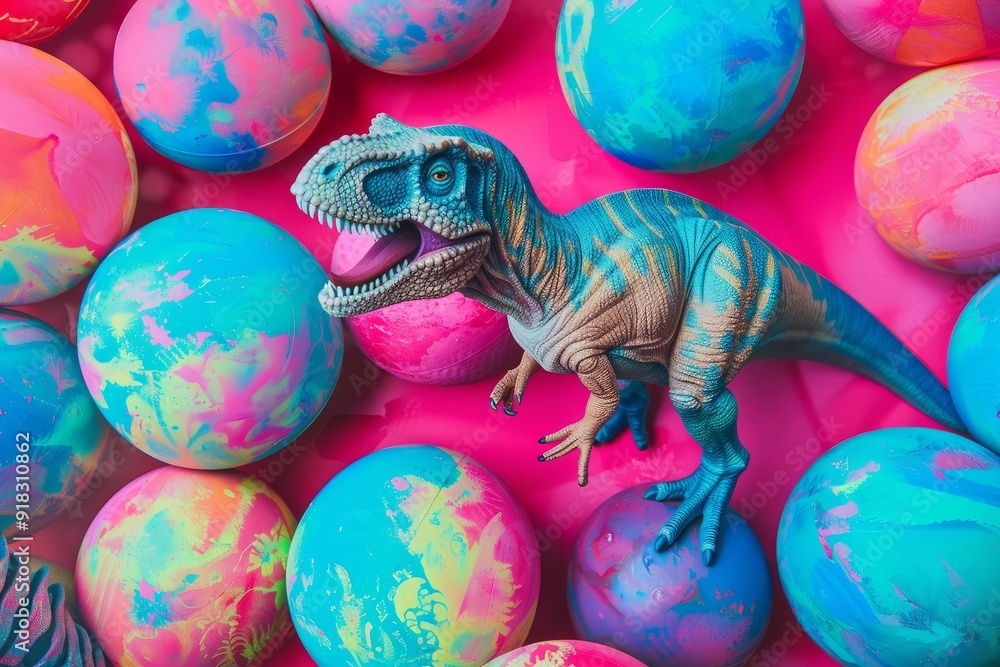 Fototapeta premium Toy dinosaur stands out amongst a sea of vividly colored balls with a marbled effect