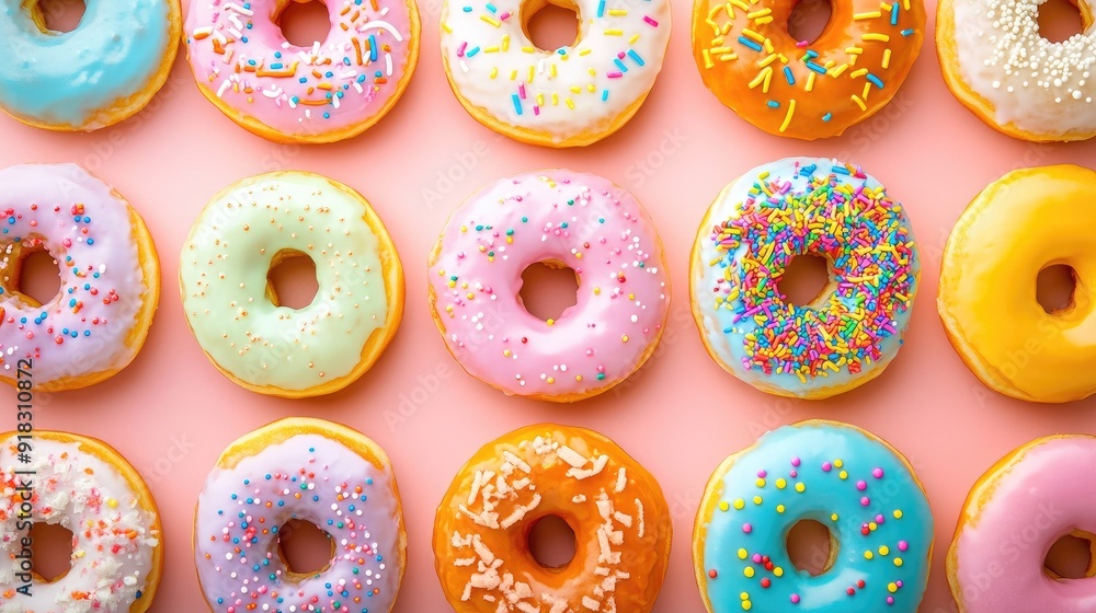 A variety of donuts with colorful icing and sprinkles, with room for copy A variety of donuts with colorful icing and sprinkles, with room for copy