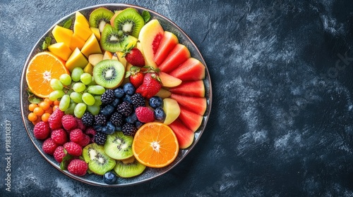 A vibrant fruit platter with a variety of fresh fruits, space for copy