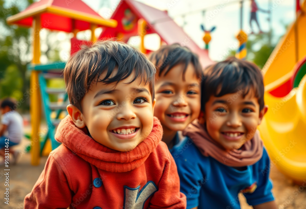 Energetic Children with Detailed Playground Energetic Children with Detailed Playground