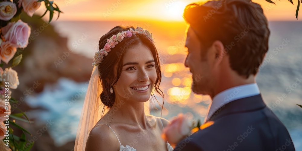Bride and Groom Sharing a Moment at Sunset Bride and Groom Sharing a Moment at Sunset