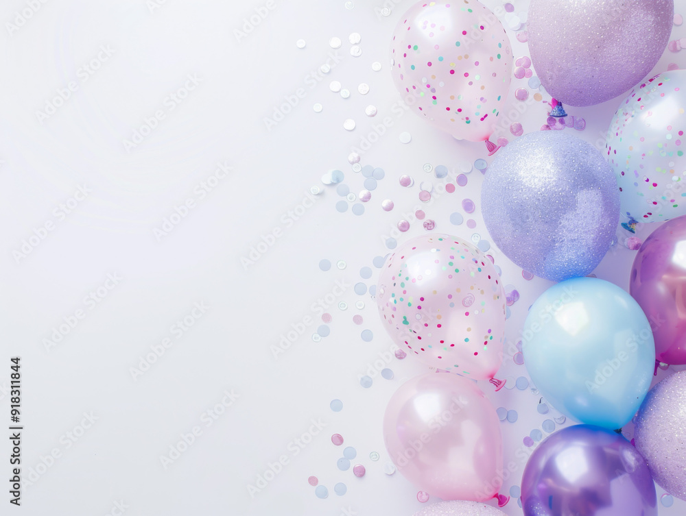 Pastel Balloons and Confetti Scattered on White Background Pastel Balloons and Confetti Scattered on White Background