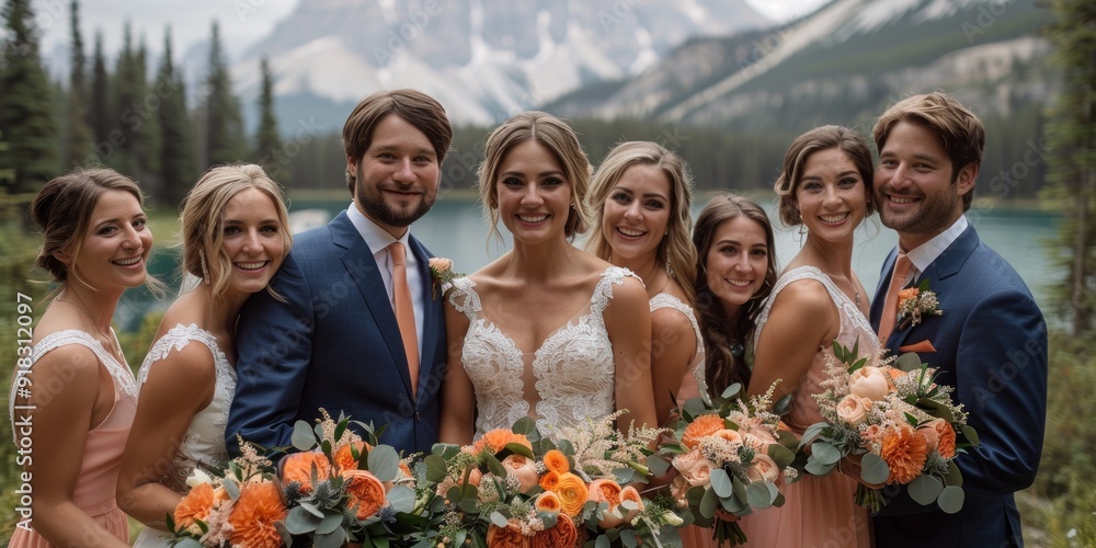 A Happy Couple Posing with Their Wedding Party in Front of a Mountainous Landscape A Happy Couple Posing with Their Wedding Party in Front of a Mountainous Landscape