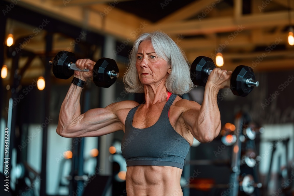 A fit older woman lifting dumbbells in a gym, showcasing strength and fitness dedication. A fit older woman lifting dumbbells in a gym, showcasing strength and fitness dedication.