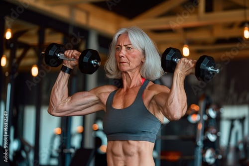 A fit older woman lifting dumbbells in a gym, showcasing strength and fitness dedication.