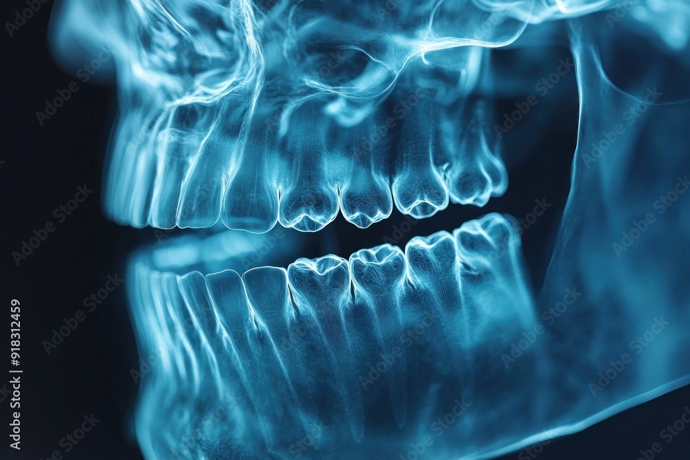 High-resolution 3D animation of a dental X-ray image, highlighting the teeth and jawbone structure. The graphic is detailed, capturing every aspect of the teeth, making it ideal for medical or High-resolution 3D animation of a dental X-ray image, highlighting the teeth and jawbone structure. The graphic is detailed, capturing every aspect of the teeth, making it ideal for medical or
