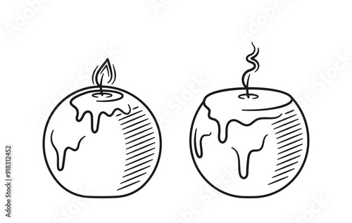Hand-drawn Vector Illustration Of Spherical Candles In Doodle Style. One Candle Is Lit While The Other Is Extinguished