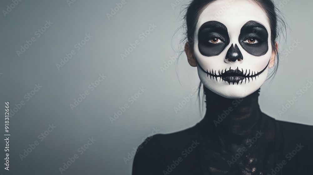 Woman with intricate skull makeup for Halloween. Woman with intricate skull makeup for Halloween.