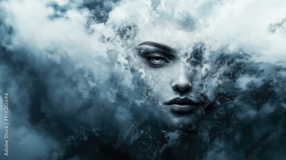 Surreal Female Face Emerging from Dark Clouds, Symbolizing Mystery, Introspection, and the Ethereal in a Dreamlike Atmosphere Surreal Female Face Emerging from Dark Clouds, Symbolizing Mystery, Introspection, and the Ethereal in a Dreamlike Atmosphere
