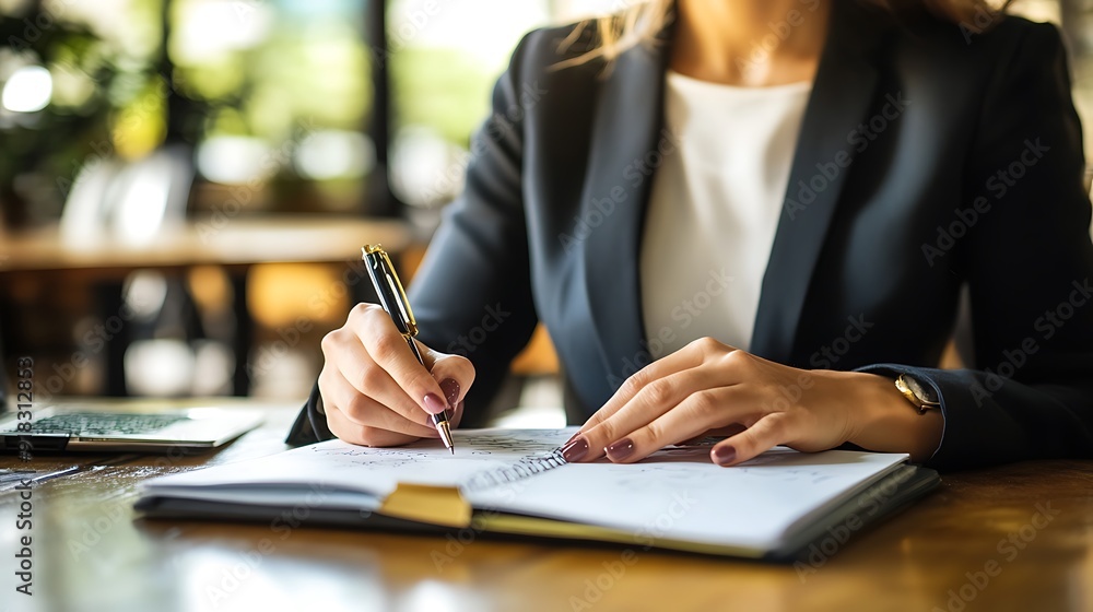 Professional Business Person Writing on a Laptop at a Modern Office Desk with Papers and Documents Professional Business Person Writing on a Laptop at a Modern Office Desk with Papers and Documents
