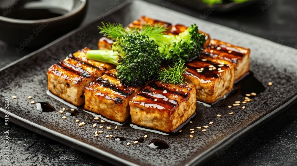 Grilled Tofu on a dark Plate Grilled Tofu on a dark Plate