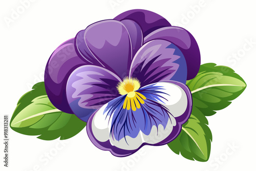 A Single Purple Pansy Flower with Green Leaves