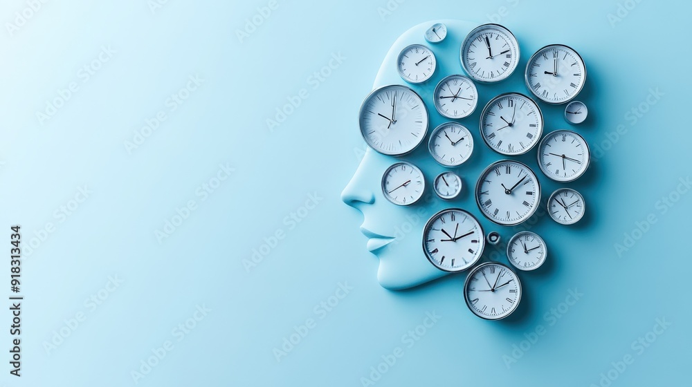 A stylized face made of clocks, symbolizing the concept of time and consciousness. A stylized face made of clocks, symbolizing the concept of time and consciousness.