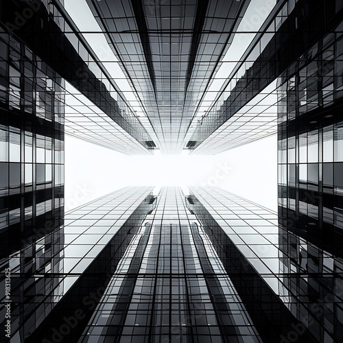 Urban Geometry, looking up to glass building. Modern architecture black and white, glass and steel. X marks the spot. Abstract architectural design. Inspirational, artistic image