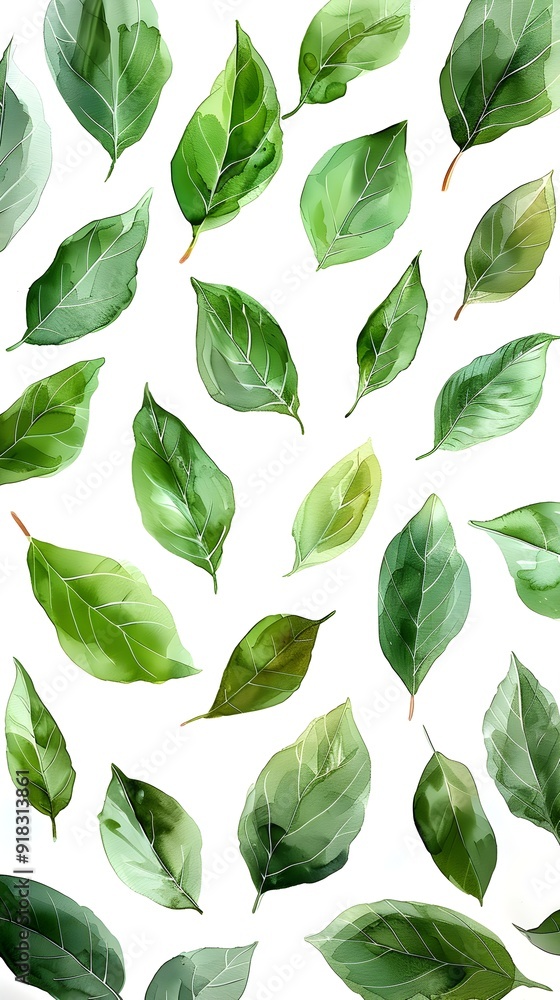 Vibrant Watercolor Bay Leaves Scattered on White Background for Culinary Ambiance Vibrant Watercolor Bay Leaves Scattered on White Background for Culinary Ambiance