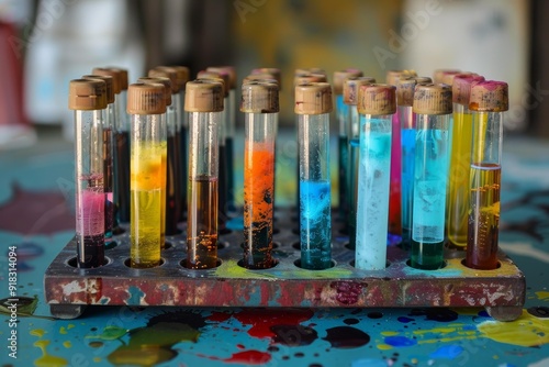 Vivid chemical samples in test tubes displayed against a paintsplattered backdrop photo