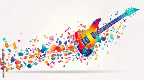 Abstract guitar silhouette with colorful music notes and geometric shapes, vector illustration, modern and unique design