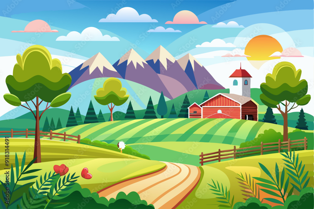 Fototapeta premium Rural Landscape with Farmhouses and Winding Road