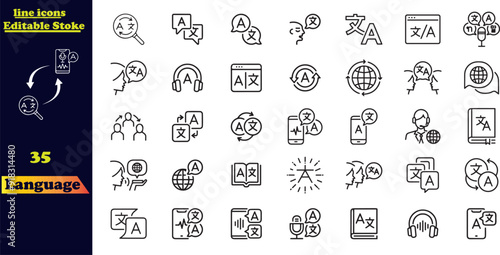 Set of outline linguistics icons. Minimalist thin linear web icon set. language skills, speech, writing, linguistics, translator and others. Language outline icons collection. Vector illustration.