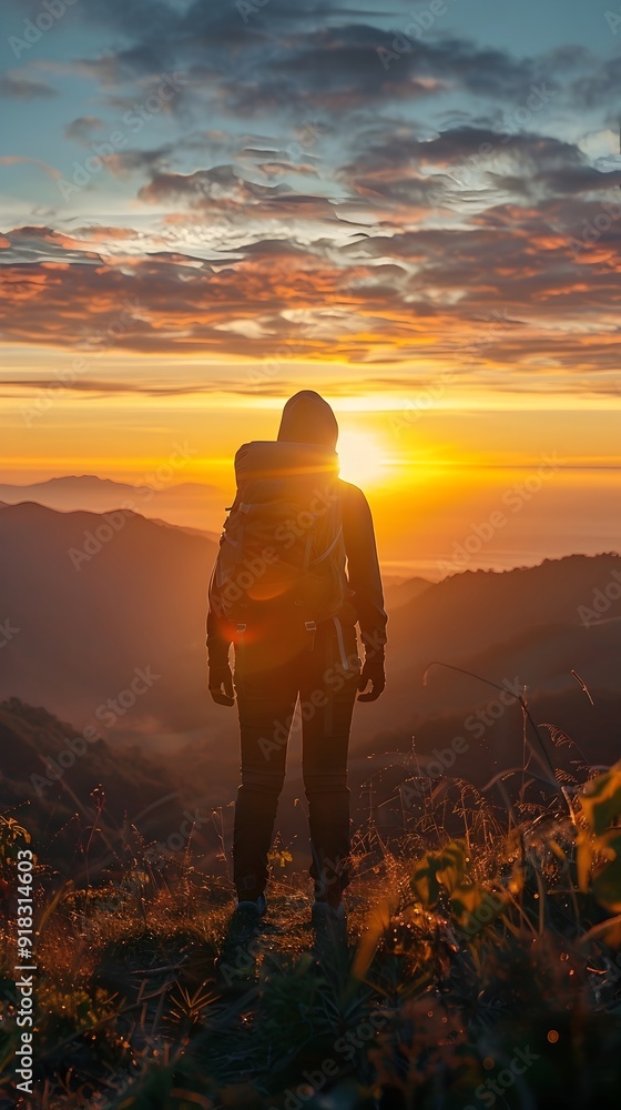 Hiker s Silhouette Against Breathtaking Sunrise Landscape with Rolling Hills and Distant Horizon Hiker s Silhouette Against Breathtaking Sunrise Landscape with Rolling Hills and Distant Horizon