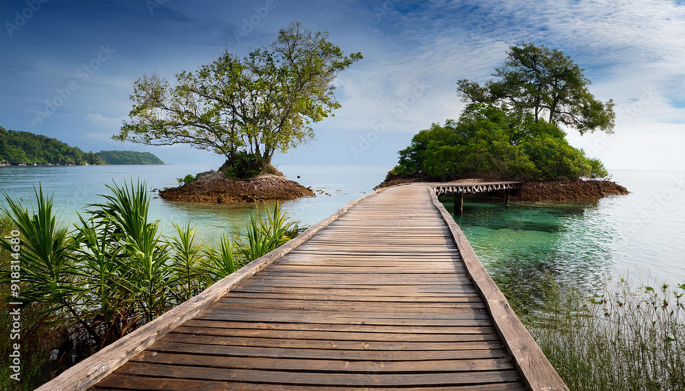 A wooden path with cutouts that leads to a little island with trees A wooden path with cutouts that leads to a little island with trees