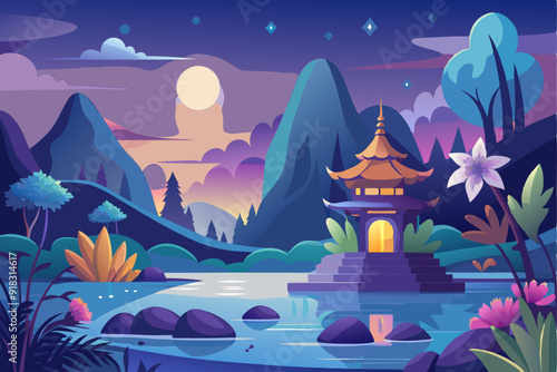 A Tranquil Pagoda on a Moonlit Lake Amidst Mountainous Landscape