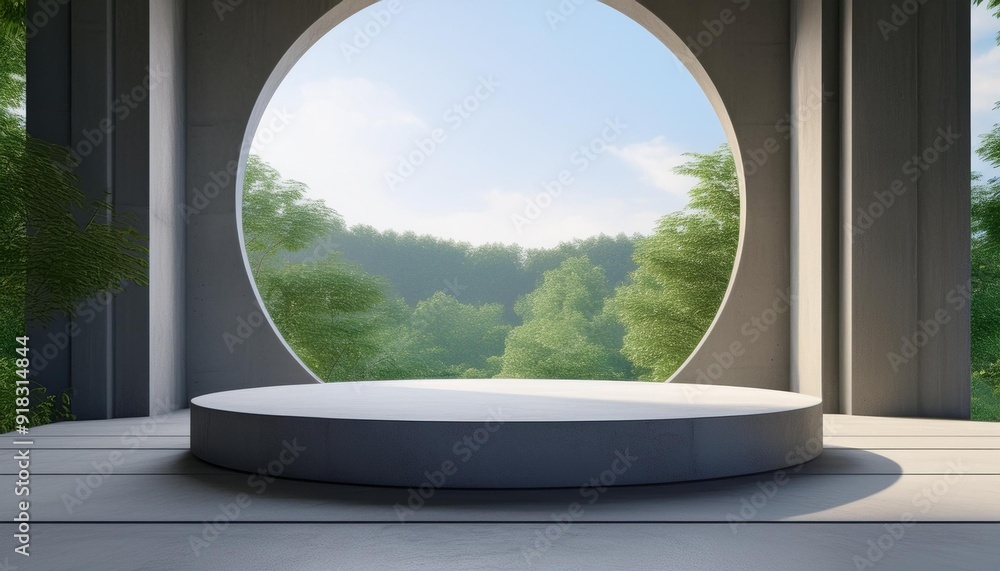 Fototapeta premium 3d render of empty concrete room with large circle window and round podium for product presentation on nature background.