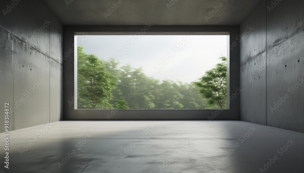Fototapeta premium 3d render of empty concrete room with large window on nature background, Empty space for product presentation.