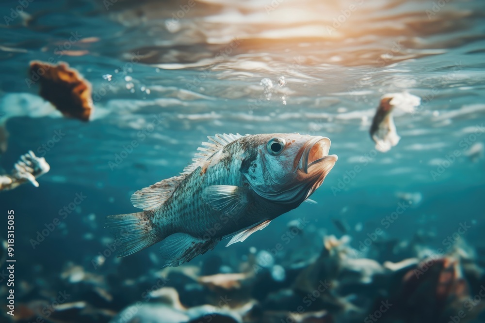 Obraz premium Fish in contaminated water. Water pollution concept.