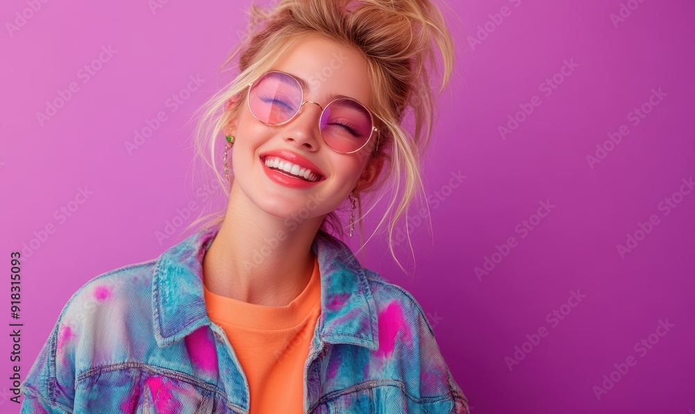 Blond young happy and funny woman laughing wearing 80s fashion in Stylish woman posing as supermodel on violet studio background Blond young happy and funny woman laughing wearing 80s fashion in Stylish woman posing as supermodel on violet studio background