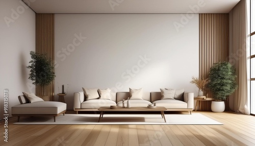 3d render of modern living room with wooden floor and large white plain wall, Minimal sofa set.